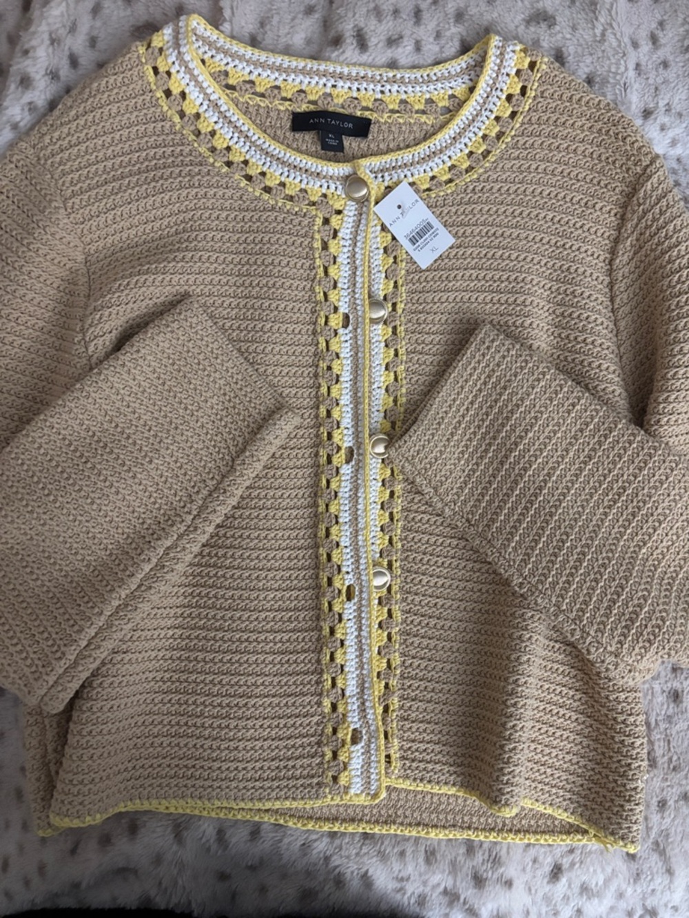 Ann Taylor Beige Crocheted Trim Cardigan with White and Yellow Accents - NWT - Picture 4 of 7